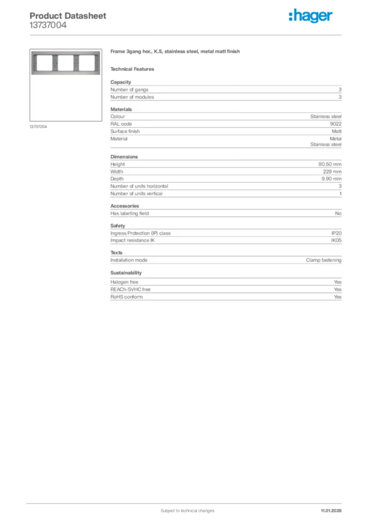 Image Hager Product data sheet 13737004  | Hager