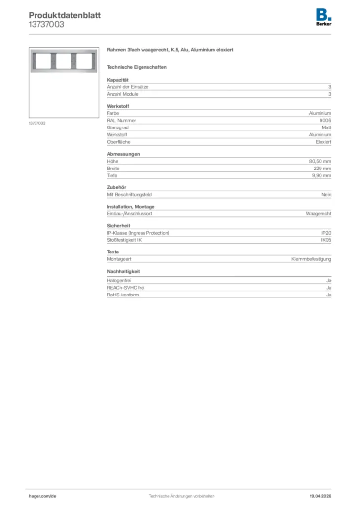 Bild Berker Produktdatenblatt 13737003 | Hager Deutschland