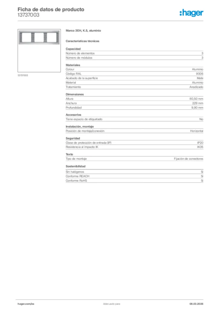 Imagen Hager Ficha de datos de producto 13737003 | Hager España