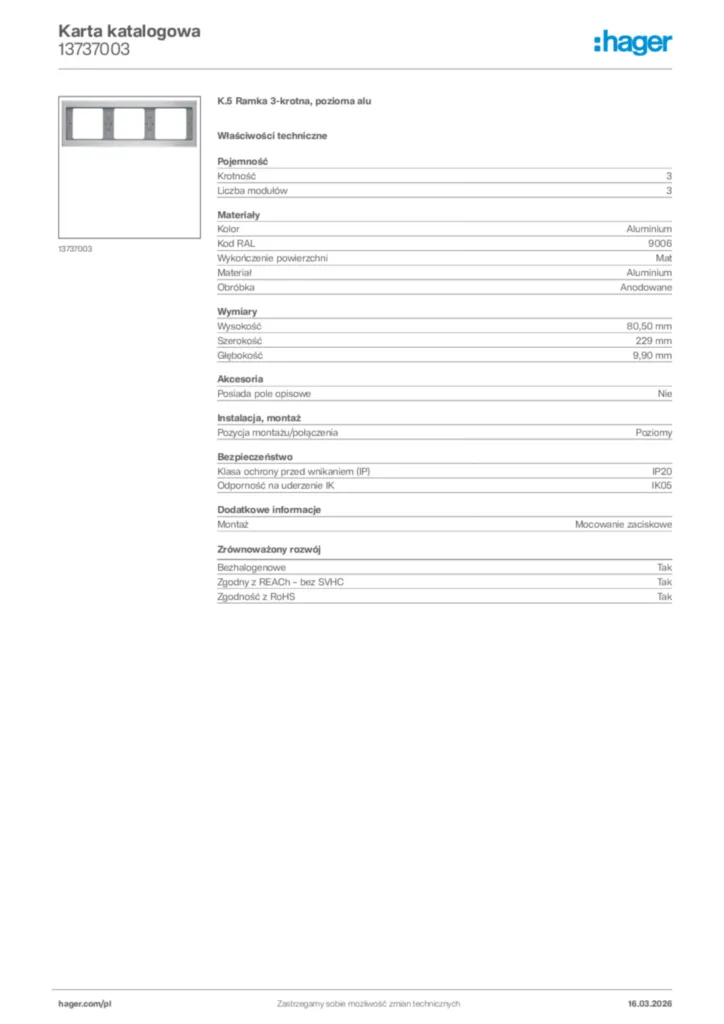Zdjęcie Hager Karta katalogowa 13737003 | Hager Polska