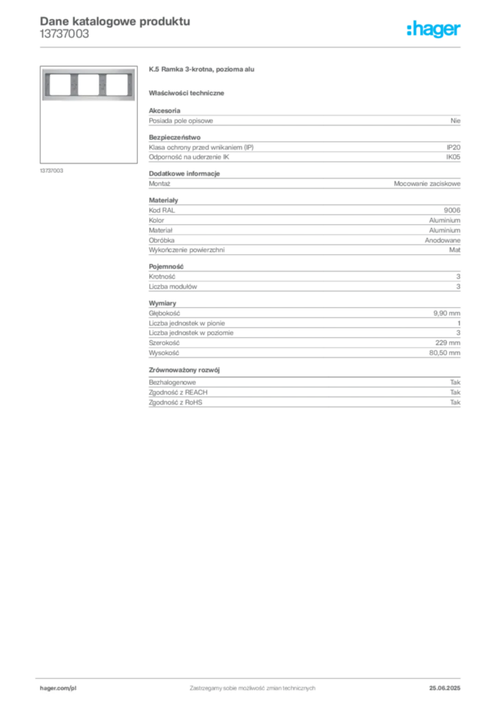 Zdjęcie Hager Karta katalogowa 13737003 | Hager Polska