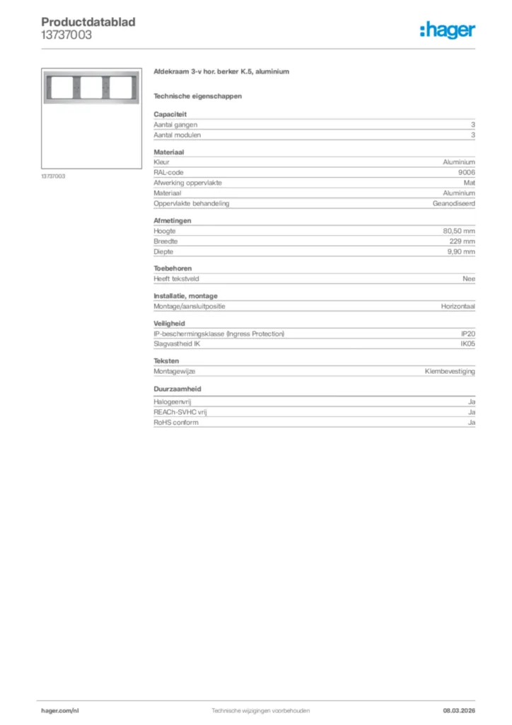 Afbeelding Hager Productdatablad 13737003 | Hager Nederland