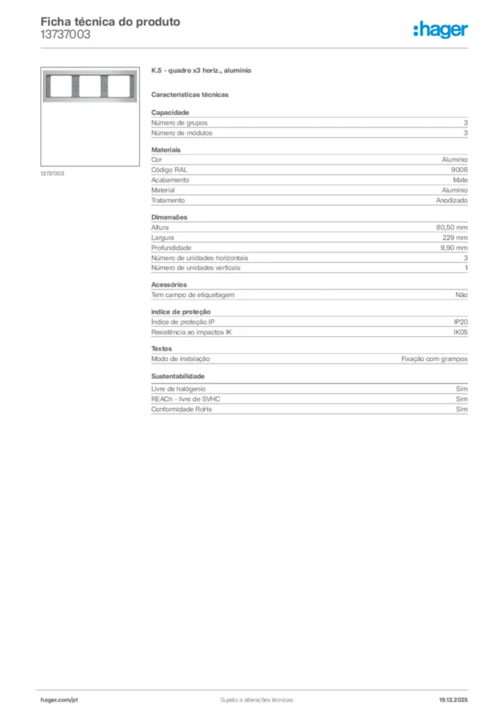 Imagem Hager Ficha técnica do produto 13737003 | Hager Portugal