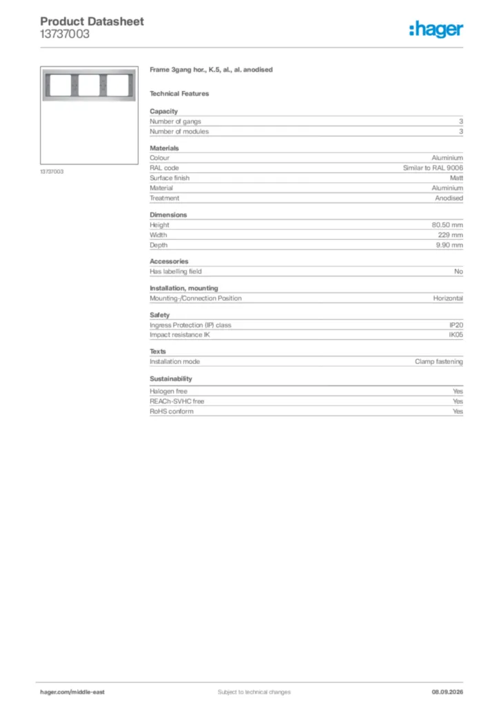 Image Hager Product data sheet 13737003  | Hager