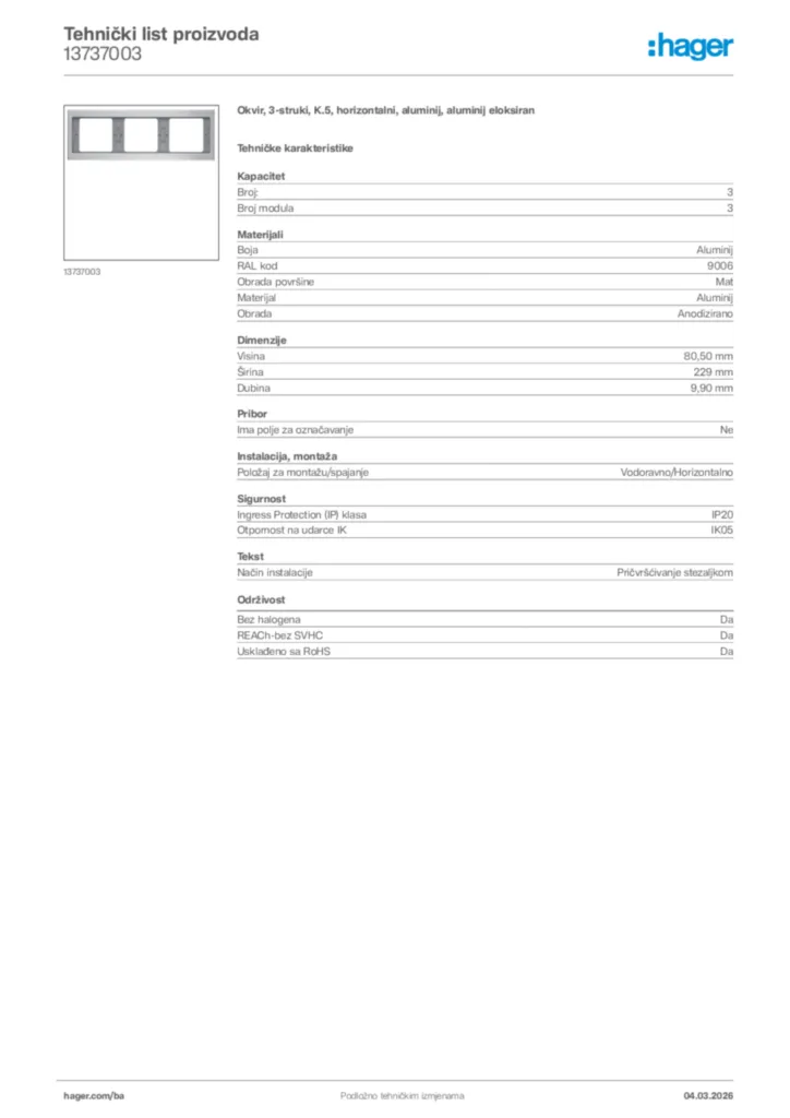 Slika Hager Tehnički list proizvoda 13737003  | Hager