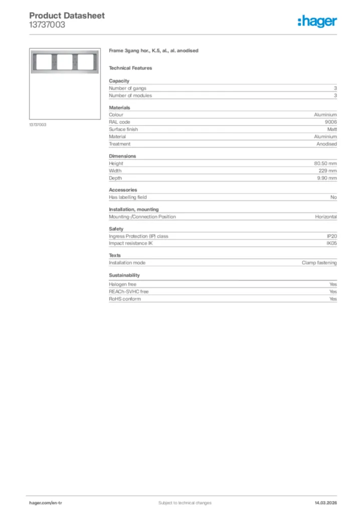 Image Hager Product data sheet 13737003  | Hager