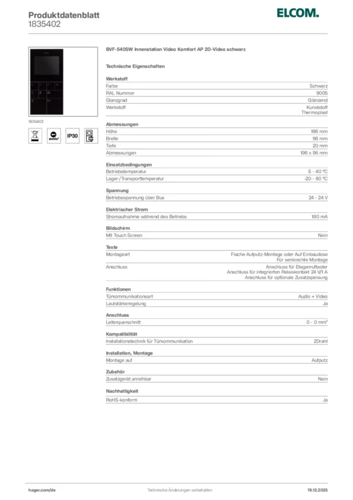 Bild Elcom Produktdatenblatt 1835402 | Hager Deutschland