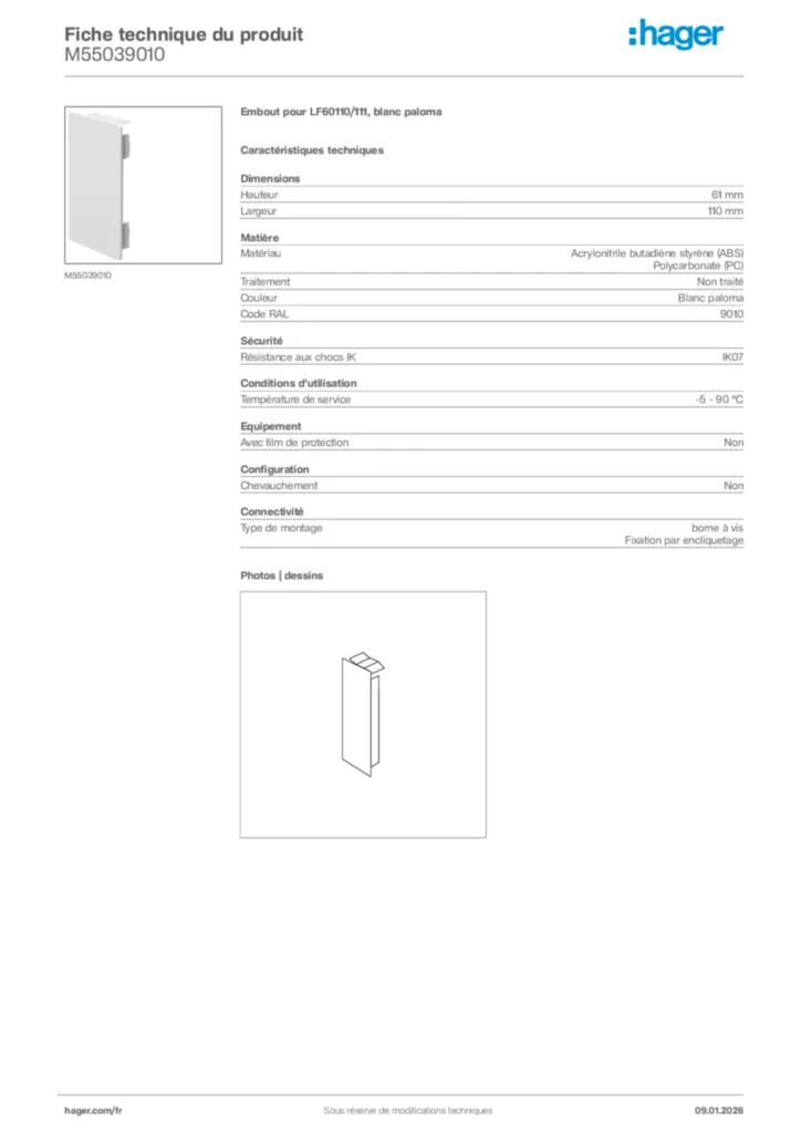 Image Hager Fiche technique du produit M55039010 | Hager France