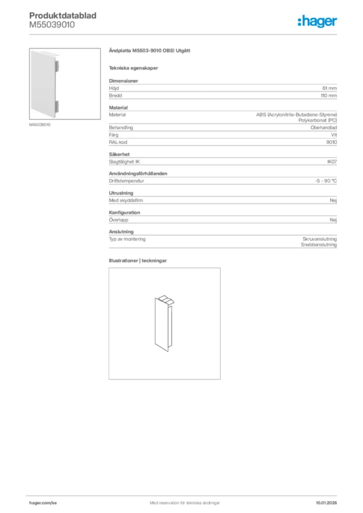 Bild Hager Produktdatablad M55039010 | Hager Sverige