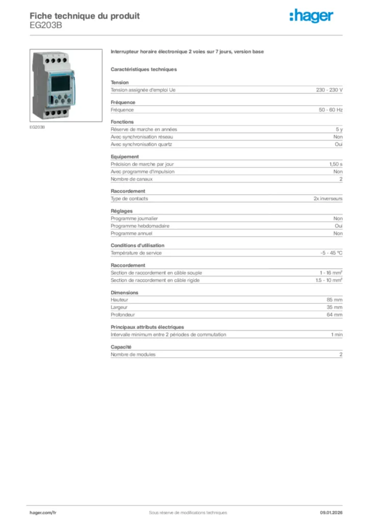 Image Hager Fiche technique du produit EG203B | Hager France