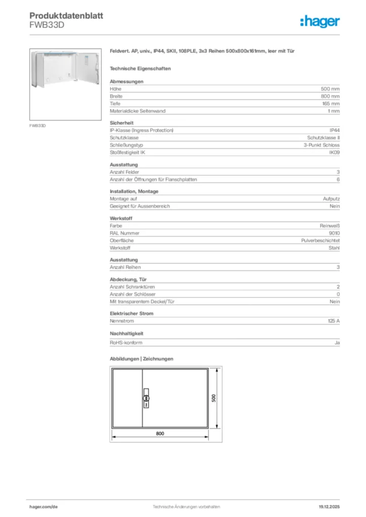 Bild Hager Produktdatenblatt FWB33D | Hager Deutschland