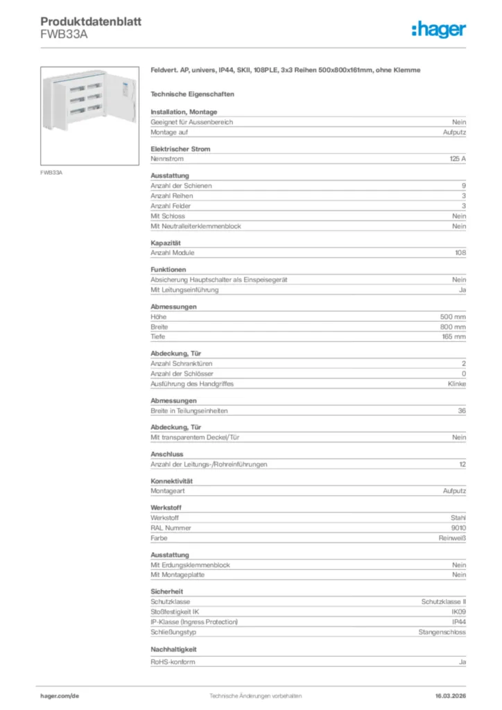 Bild Hager Produktdatenblatt FWB33A | Hager Deutschland