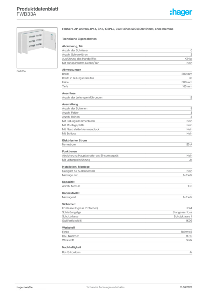 Bild Hager Produktdatenblatt FWB33A | Hager Deutschland