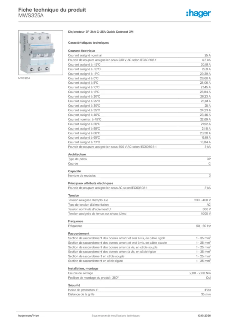 Image Hager Fiche technique du produit MWS325A | Hager Belgique