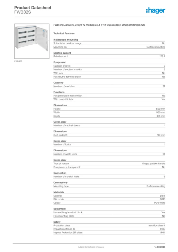 Image Hager Product data sheet FWB32S  | Hager Africa