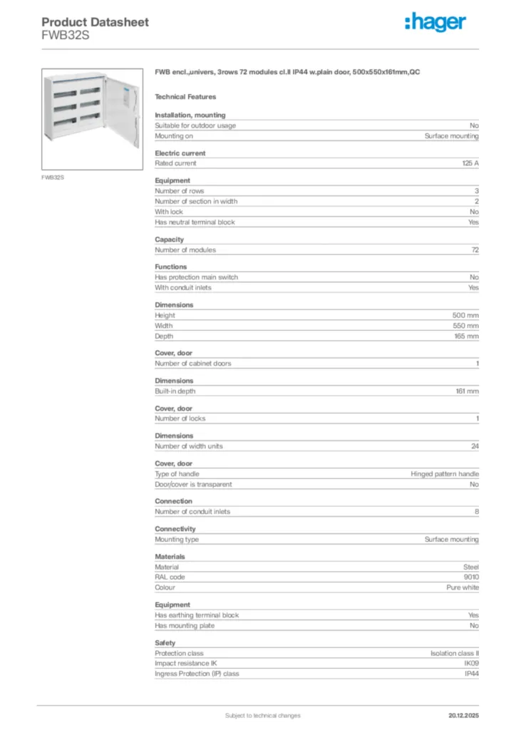 Image Hager Product data sheet FWB32S  | Hager Africa