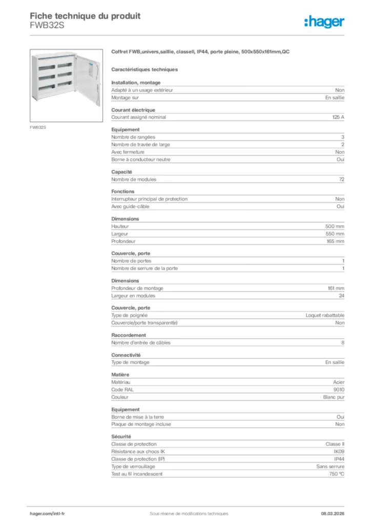 Image Hager Fiche technique du produit FWB32S | Hager Afrique