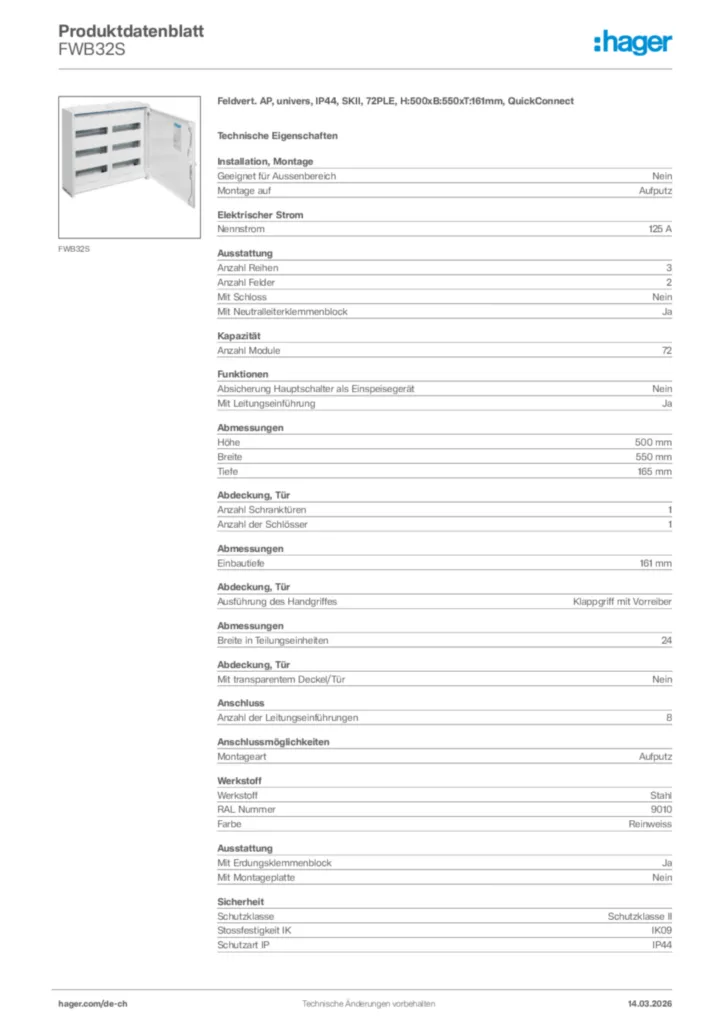 Bild Hager Produktdatenblatt FWB32S | Hager Schweiz