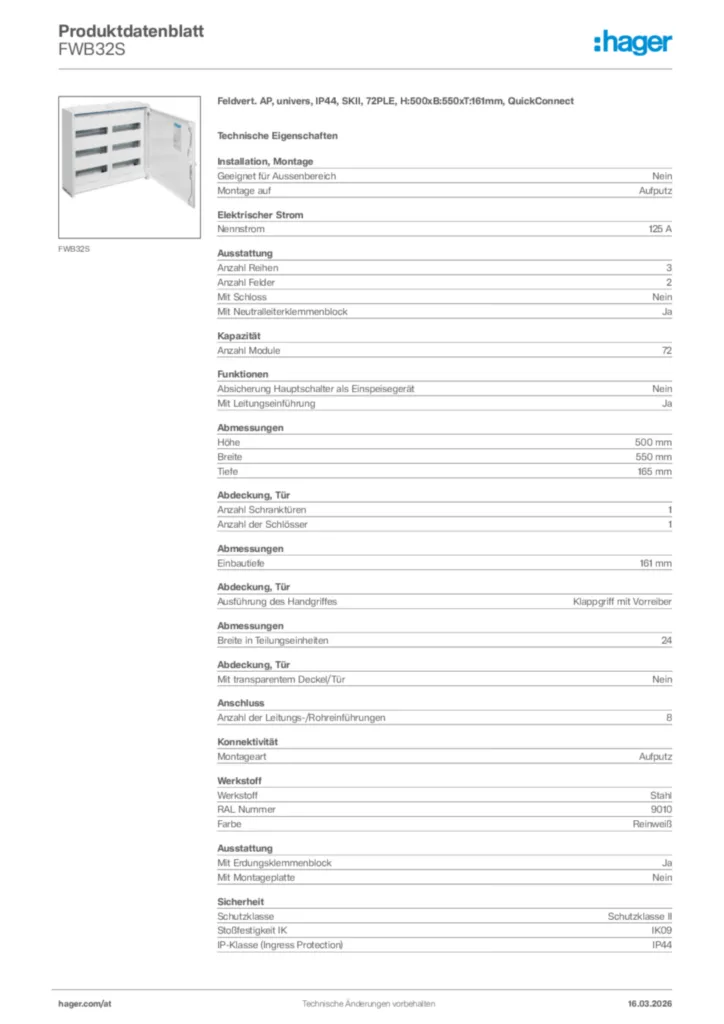 Bild Hager Produktdatenblatt FWB32S | Hager Deutschland