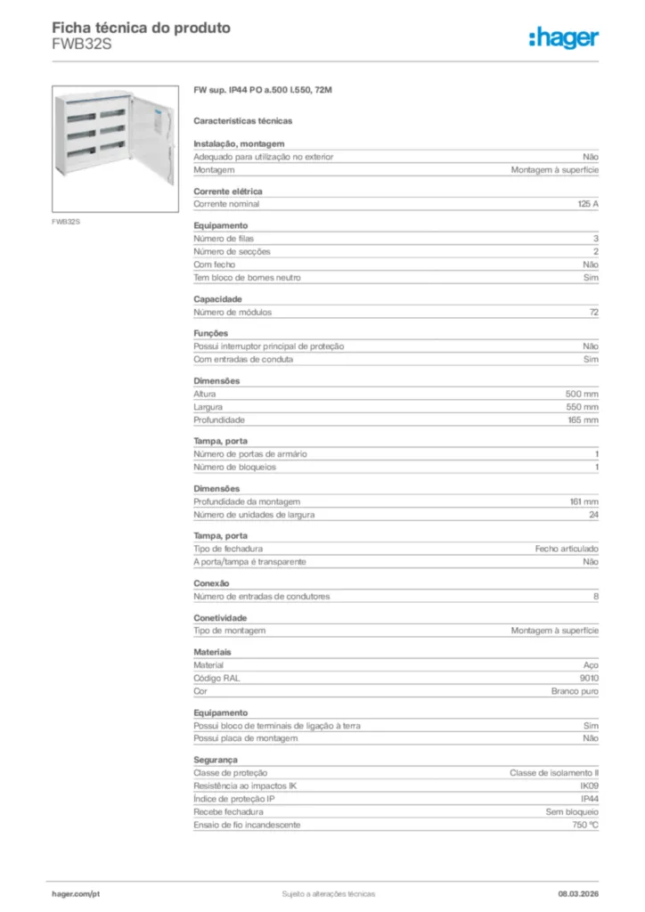 Imagem Hager Ficha técnica do produto FWB32S | Hager Portugal