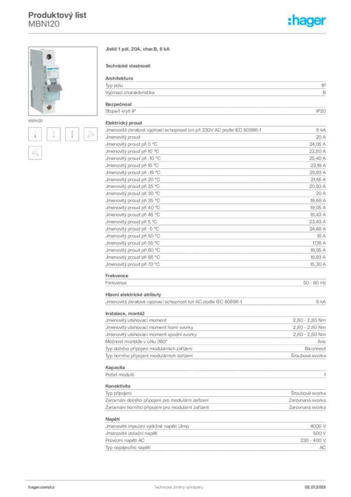 Obrázek Hager Produktový list MBN120 | Hager