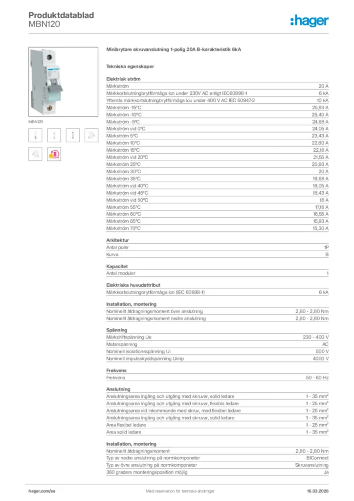 Bild Hager Produktdatablad MBN120 | Hager Sverige