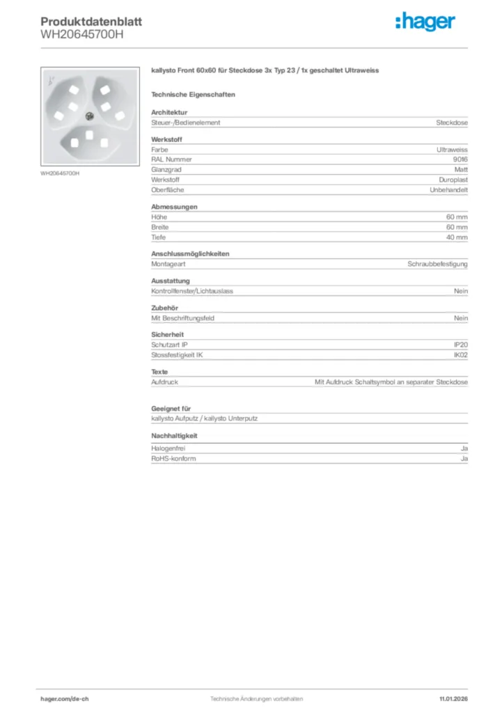 Bild Hager Produktdatenblatt WH20645700H | Hager Schweiz