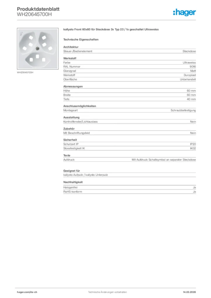 Bild Hager Produktdatenblatt WH20645700H | Hager Schweiz