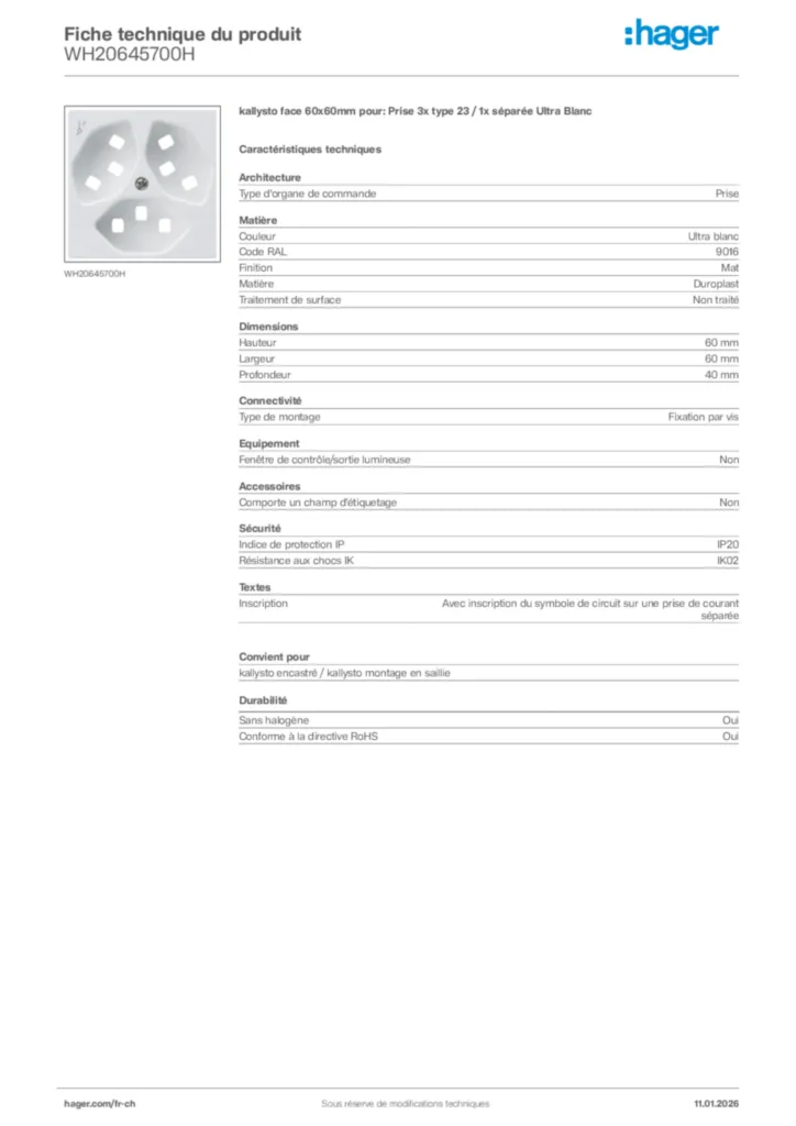 Image Hager Fiche technique du produit WH20645700H | Hager Suisse