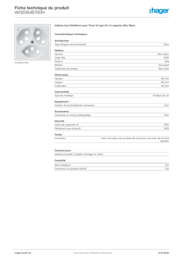 Image Hager Fiche technique du produit WH20645700H | Hager Suisse