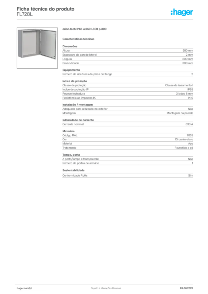 Imagem Hager Ficha técnica do produto FL728L | Hager Portugal
