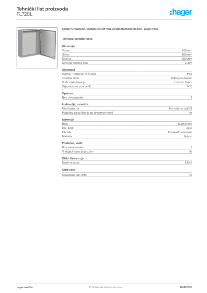 Slika Hager Product data sheet FL728L  | Hager