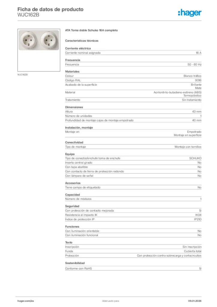 Imagen Hager Ficha de datos de producto WJC162B | Hager España