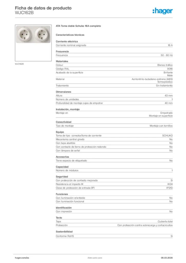 Imagen Hager Ficha de datos de producto WJC162B | Hager España
