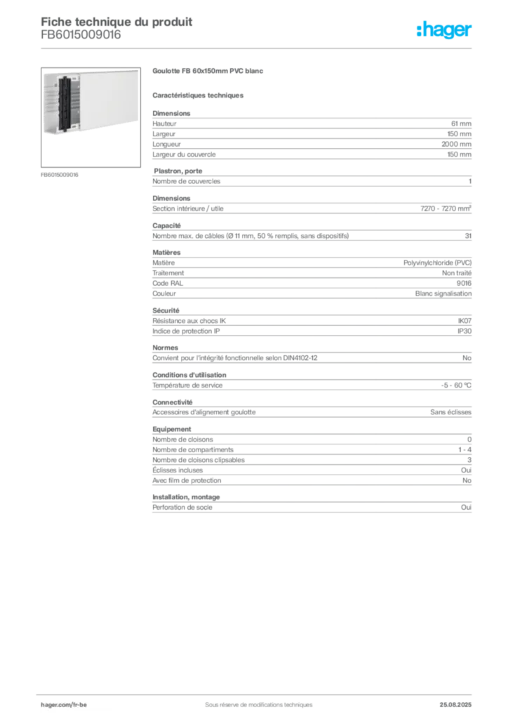 Image Hager Fiche technique du produit FB6015009016 | Hager Belgique