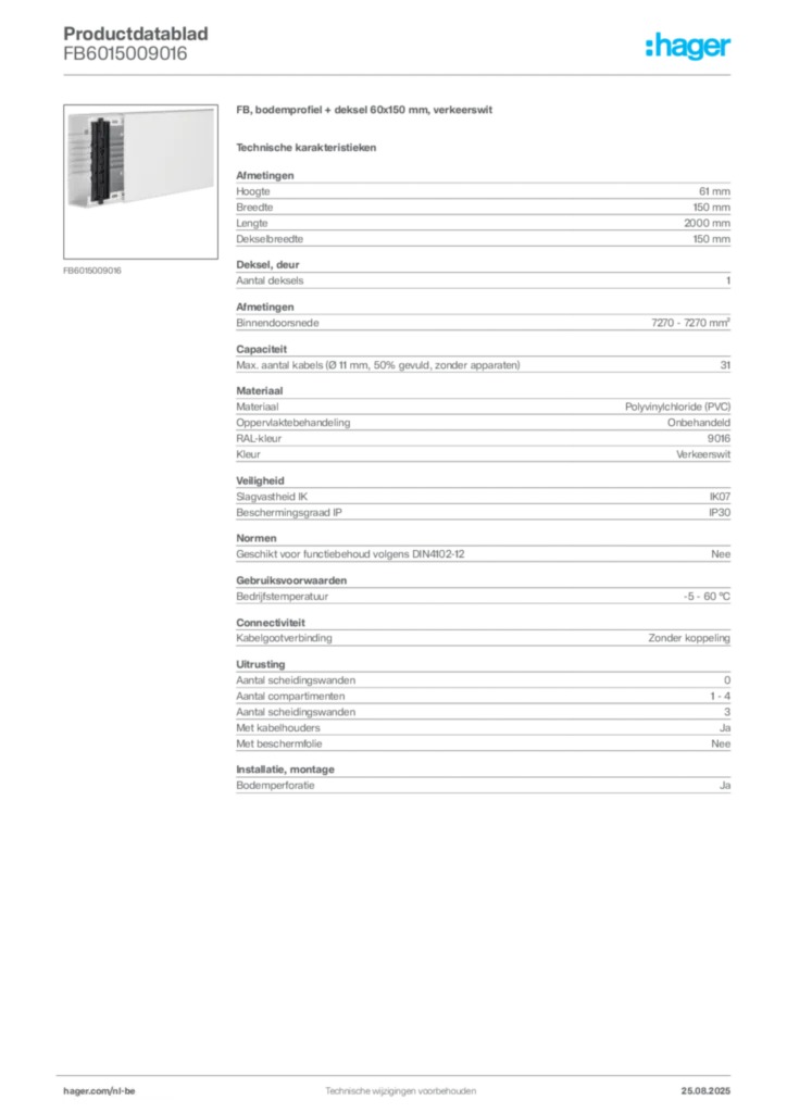 Afbeelding Hager Productdatablad FB6015009016 | Hager Belgium