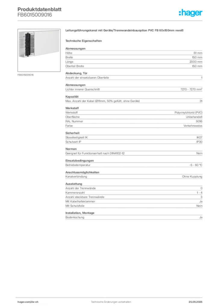 Bild Hager Produktdatenblatt FB6015009016 | Hager Schweiz