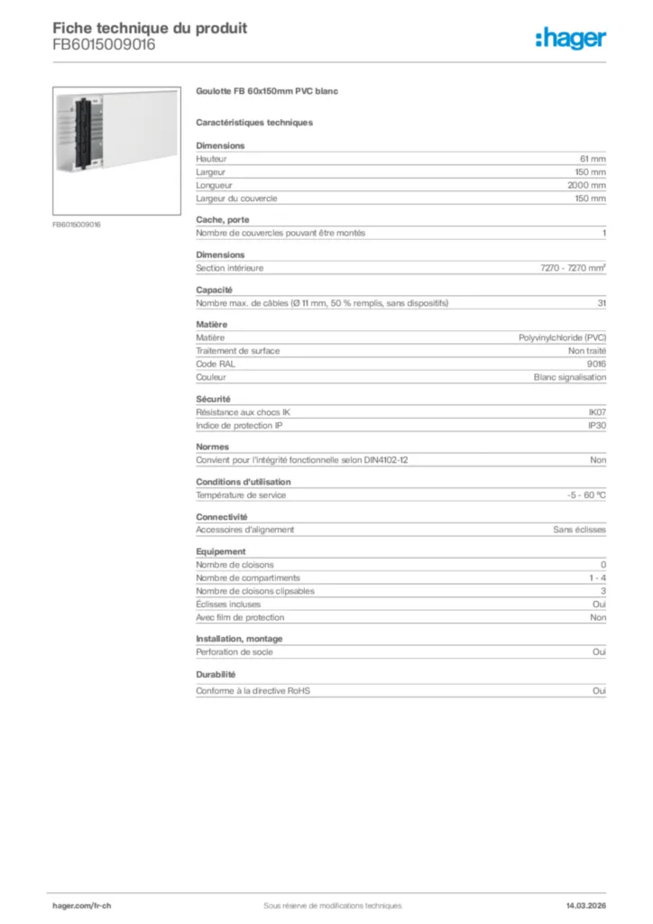 Image Hager Fiche technique du produit FB6015009016 | Hager Suisse