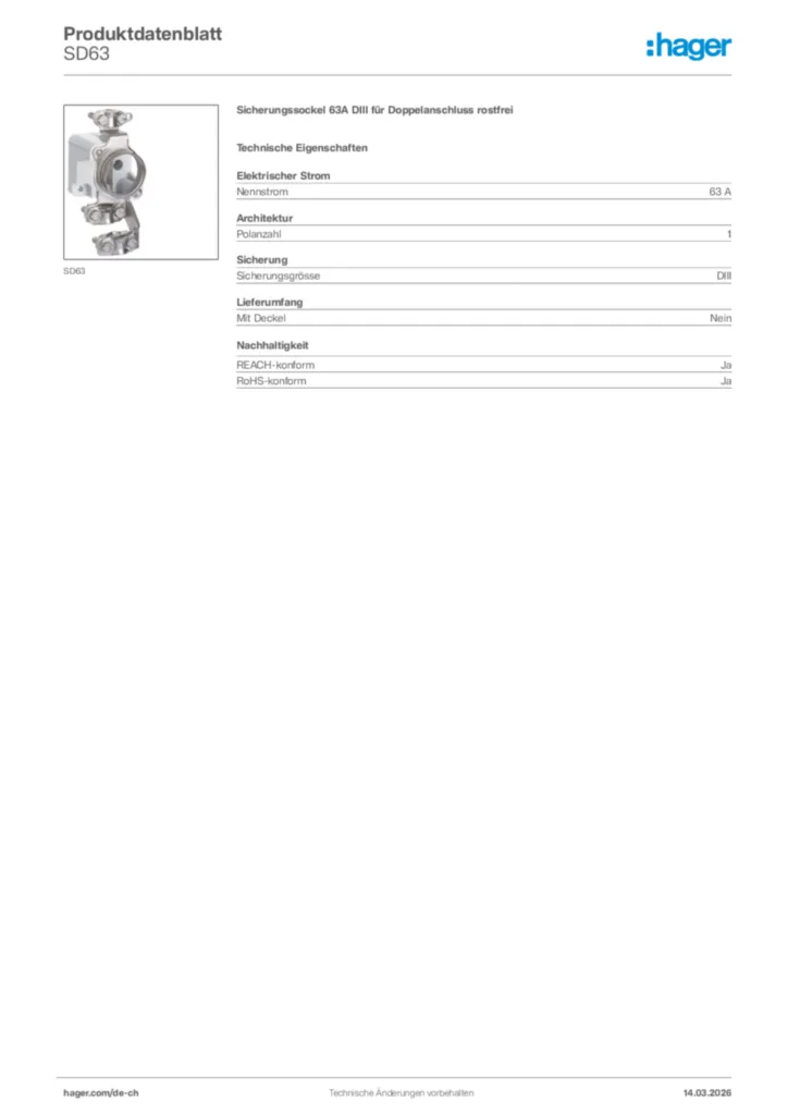 Bild Hager Produktdatenblatt SD63 | Hager Schweiz