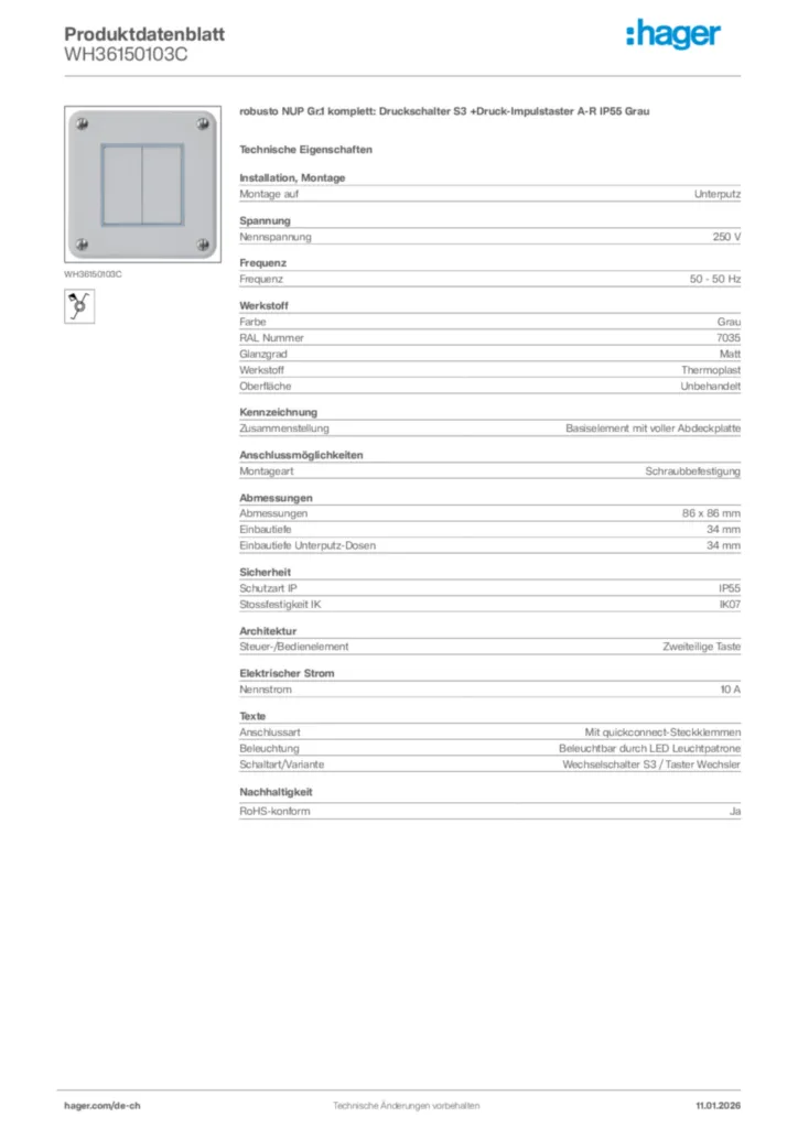 Bild Hager Produktdatenblatt WH36150103C | Hager Schweiz