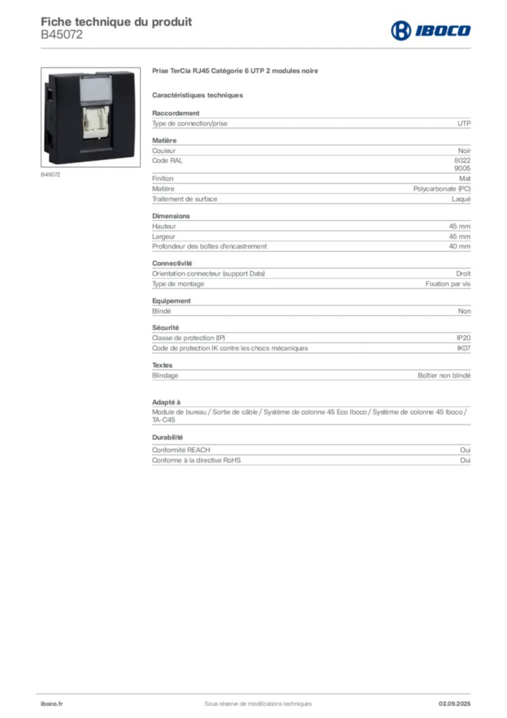 Image Iboco Fiche technique du produit B45072 | Hager France