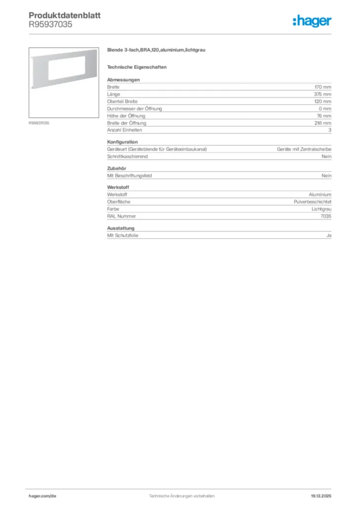 Bild Hager Produktdatenblatt R95937035 | Hager Deutschland