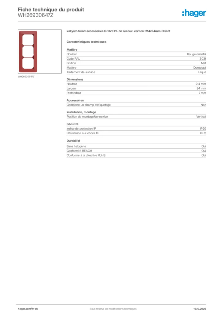 Image Hager Fiche technique du produit WH26930647Z | Hager Suisse