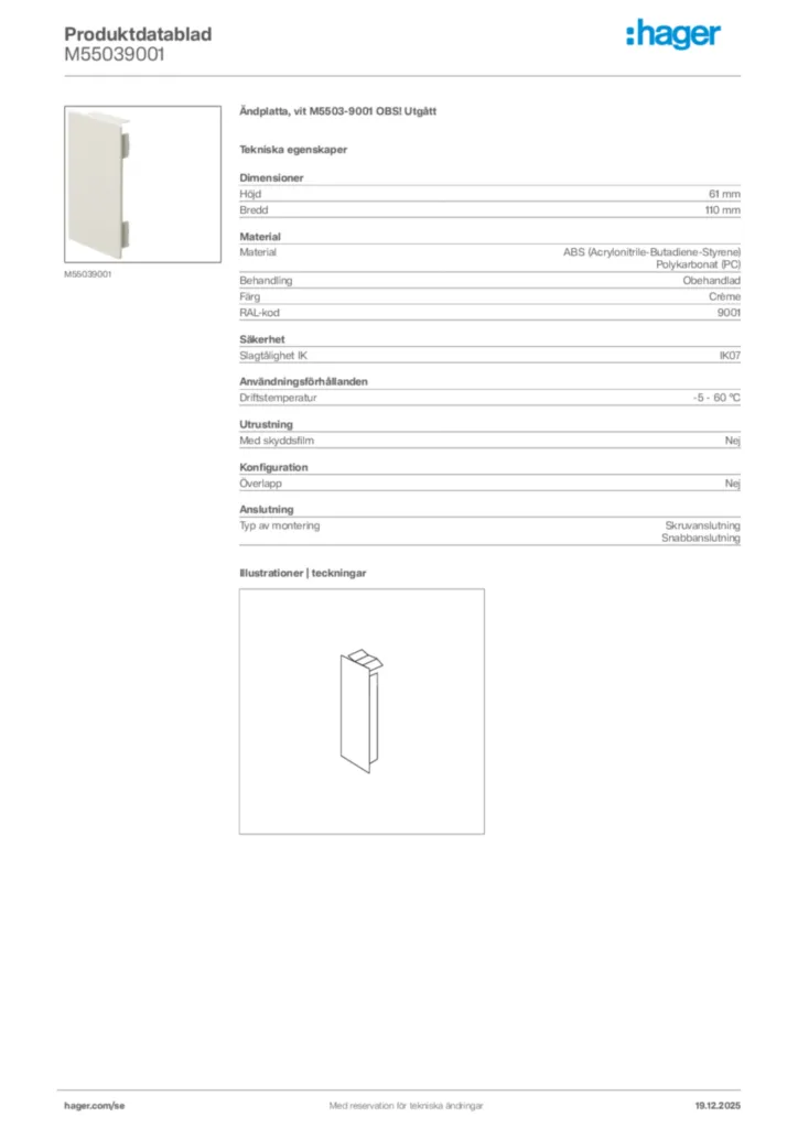 Bild Hager Produktdatablad M55039001 | Hager Sverige