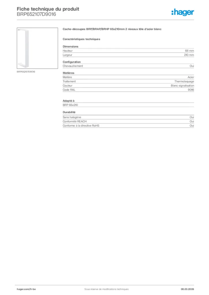 Image Hager Fiche technique du produit BRP652107D9016 | Hager Belgique