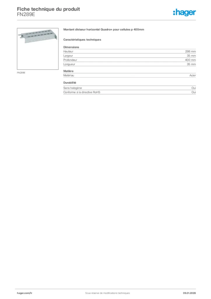Image Hager Fiche technique du produit FN289E | Hager France