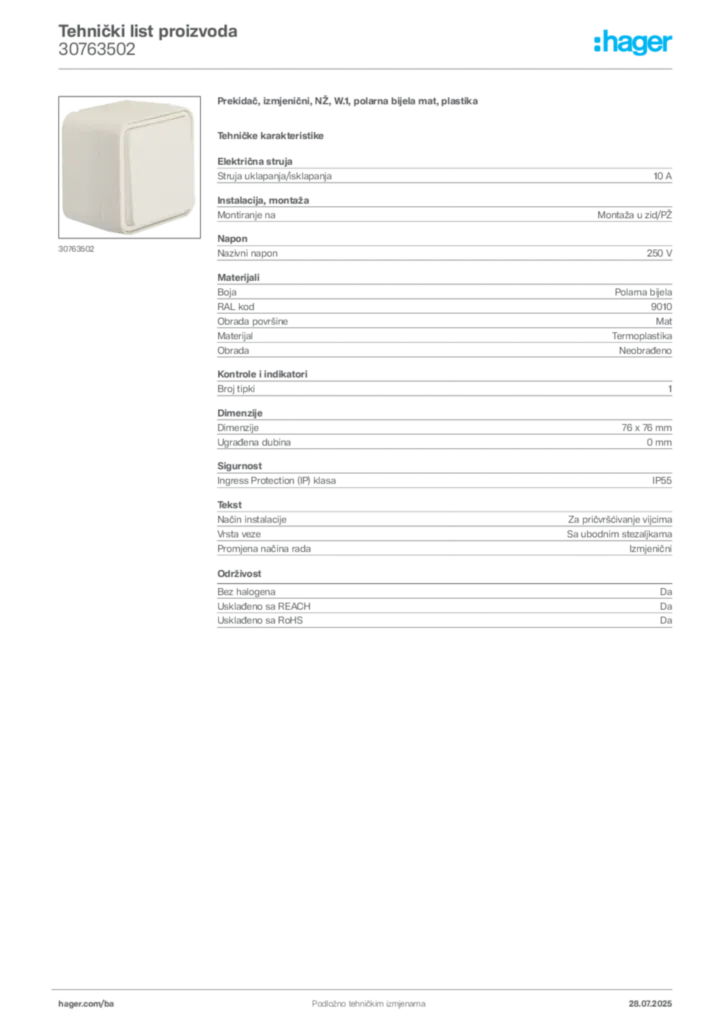Slika Hager Product data sheet 30763502  | Hager