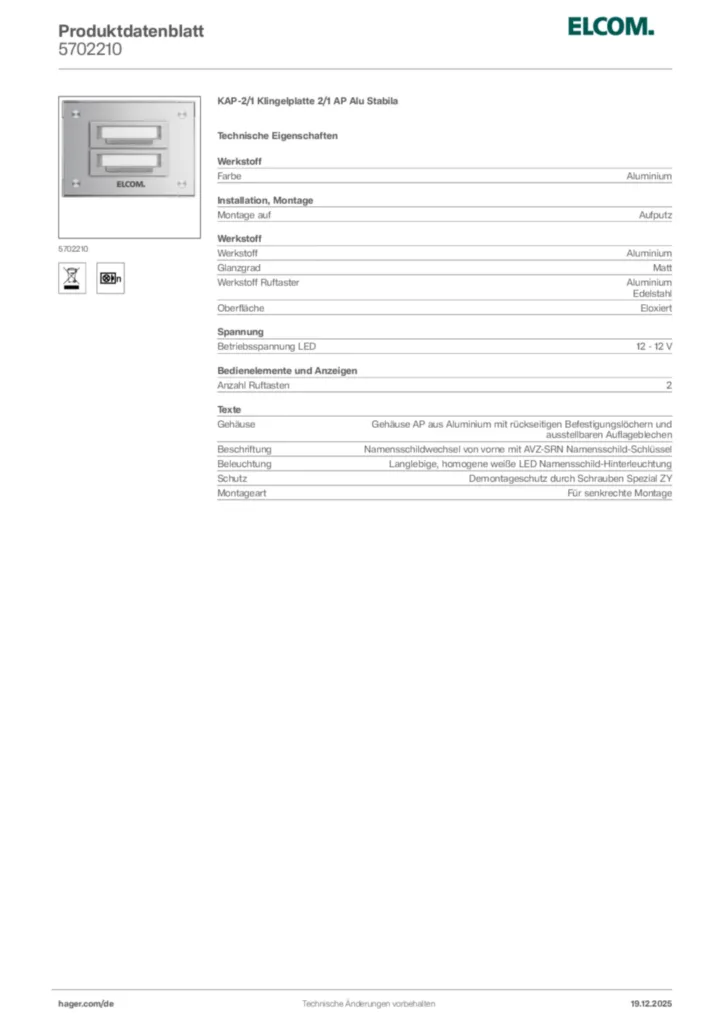 Bild Elcom Produktdatenblatt 5702210 | Hager Deutschland