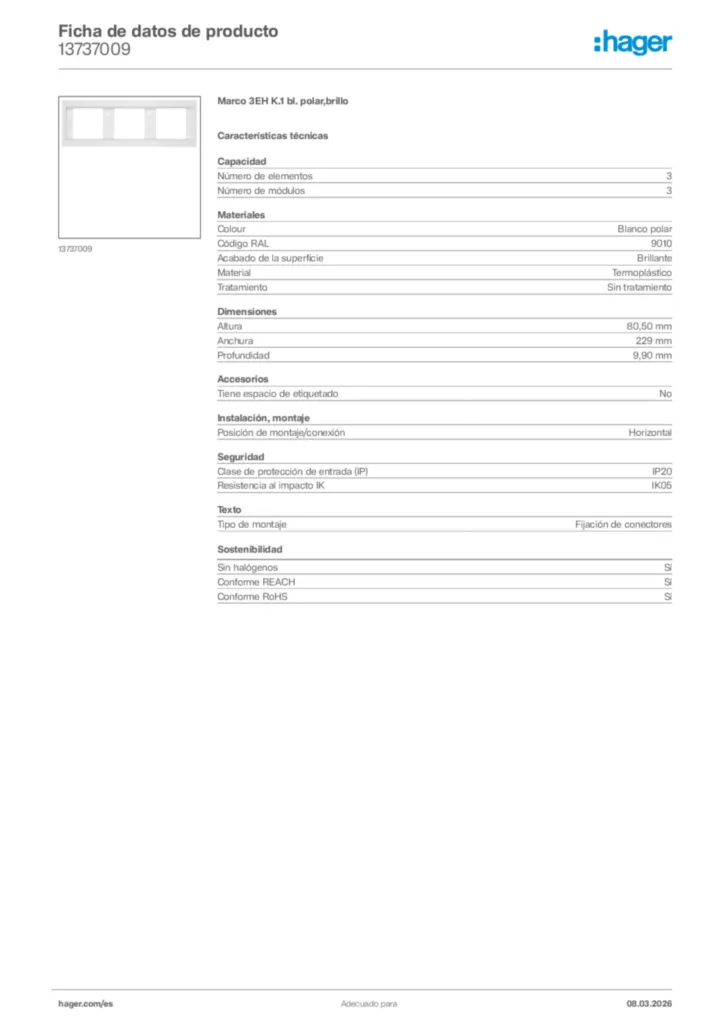 Imagen Hager Ficha de datos de producto 13737009 | Hager España