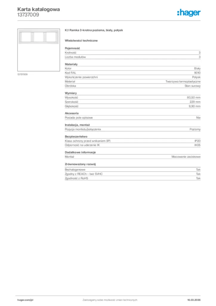 Zdjęcie Hager Karta katalogowa 13737009 | Hager Polska